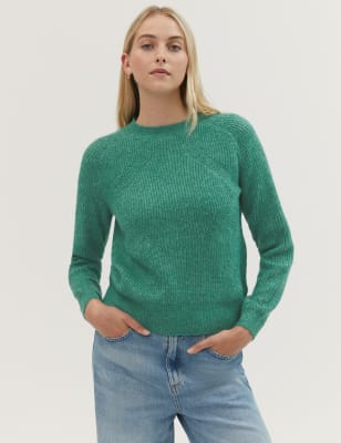 Marks And Spencer Womens M&S Collection Ribbed Crew Neck Relaxed Jumper - Green, Green