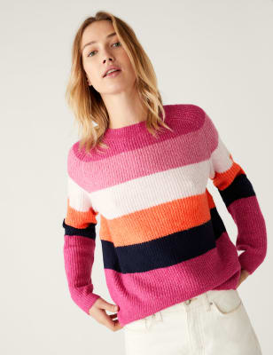 

Womens M&S Collection Striped Ribbed Crew Neck Jumper - Pink Mix, Pink Mix