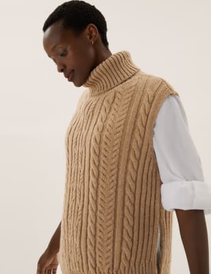 

Womens M&S Collection Cable Knit Roll Neck Sleeveless Jumper - Camel Mix, Camel Mix