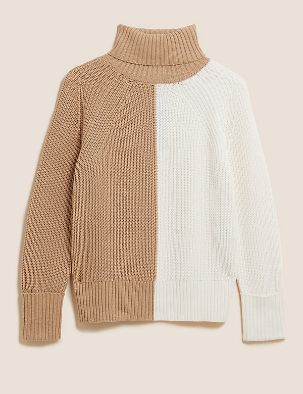 Colour Block Roll Neck Jumper with Wool