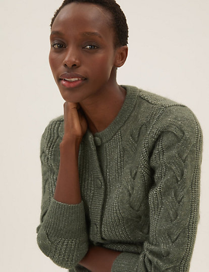 Cable Knit Button Front Cardigan with Wool