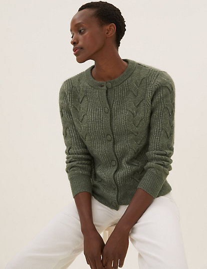 Cable Knit Button Front Cardigan with Wool