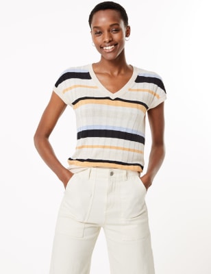 Gestreepte top met V-hals en linnen