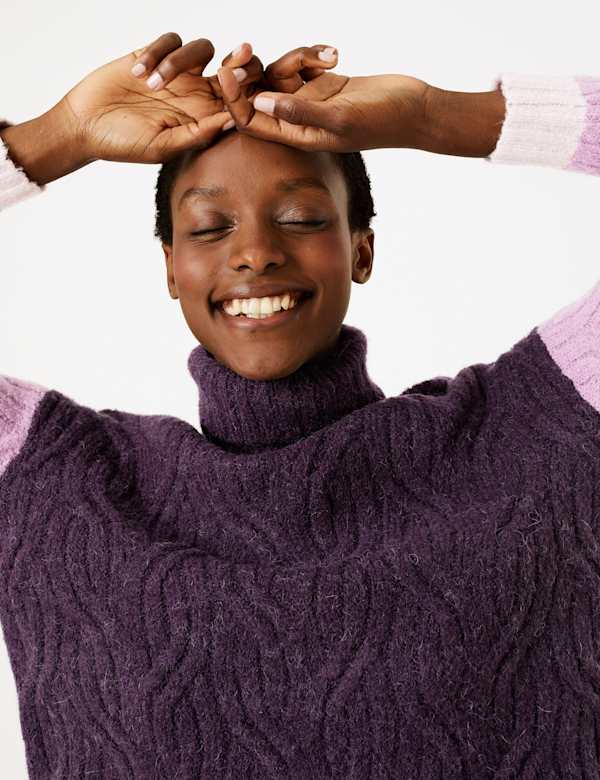 Cable Knit Colour Block Roll Neck Jumper