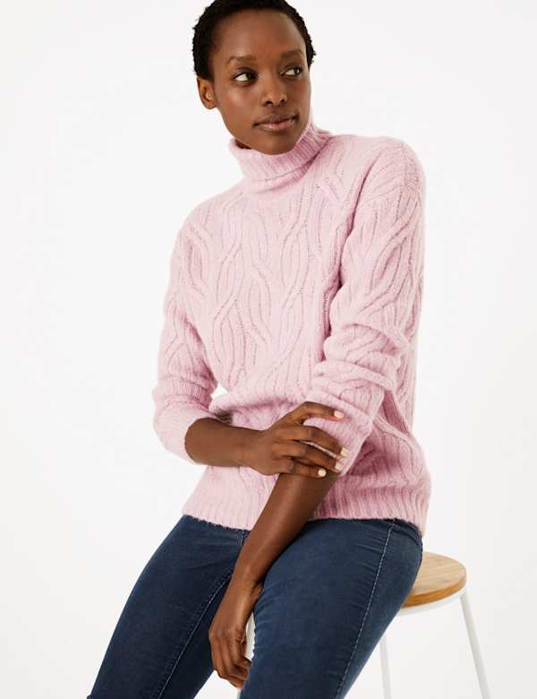 Cable Knit Roll Neck Jumper with Alpaca