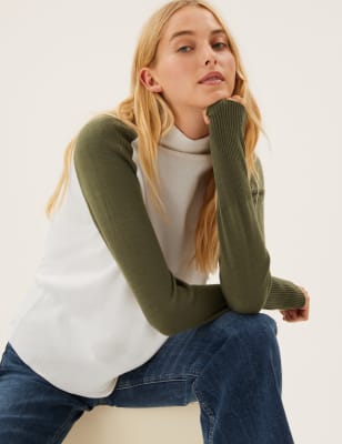 

Womens M&S Collection Supersoft Colour Block Funnel Neck Jumper - Cream Mix, Cream Mix