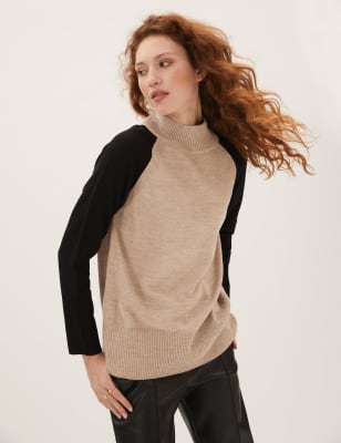 

Womens M&S Collection Supersoft Colour Block Funnel Neck Jumper - Camel Mix, Camel Mix