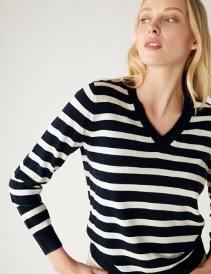 

Womens M&S Collection Supersoft Striped V-Neck Jumper - Dark Navy Mix, Dark Navy Mix