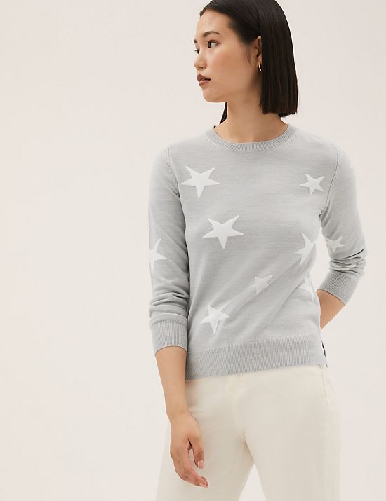 Εξαιρετικά απαλό πουλόβερ με print αστέρι με κλειστή στρογγυλή λαιμόκοψη