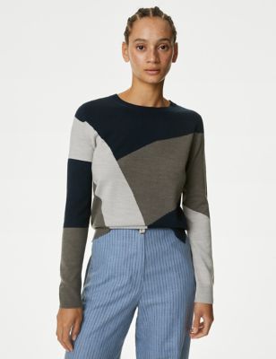 

Womens M&S Collection Supersoft Colour Block Crew Neck Jumper - Grey Mix, Grey Mix