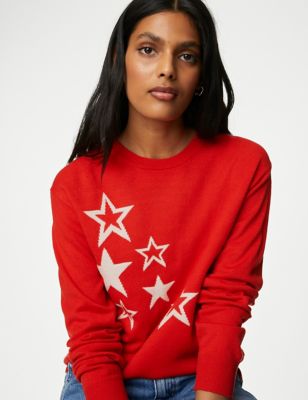 

Womens M&S Collection Supersoft Star Crew Neck Jumper - Red Mix, Red Mix