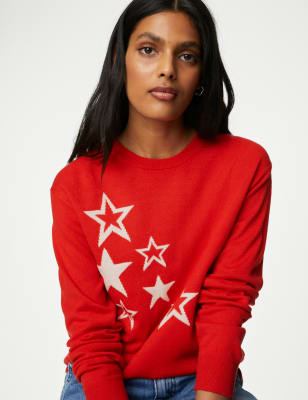 

Womens M&S Collection Supersoft Star Crew Neck Jumper - Red Mix, Red Mix