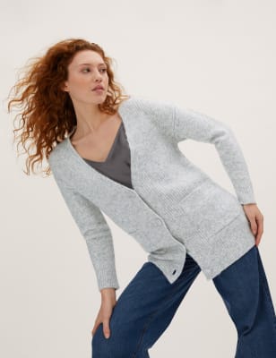 

Womens M&S Collection Bequeme Rippenstrickjacke im Boyfriend-Stil mit V-Ausschnitt - Grey Marl, Grey Marl