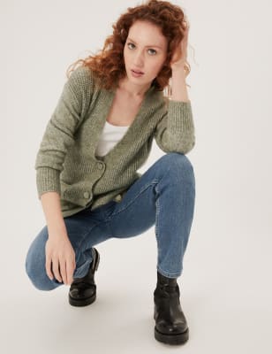 

Womens M&S Collection Bequeme Rippenstrickjacke im Boyfriend-Stil mit V-Ausschnitt - Faded Khaki, Faded Khaki