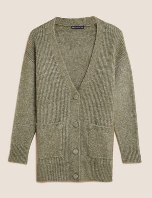 

Womens M&S Collection Ribbed V-Neck Relaxed Boyfriend Cardigan - Faded Khaki, Faded Khaki