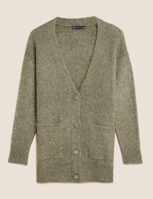 

M&S Collection Cárdigan estilo boyfriend informal con cuello en pico acanaladoWomens - Faded Khaki, Faded Khaki