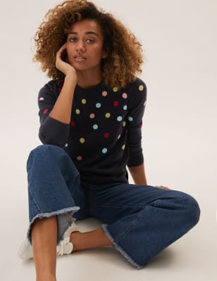 

Womens M&S Collection Polka Dot Crew Neck Jumper - Navy Mix, Navy Mix