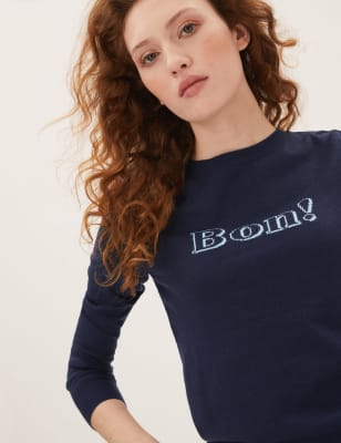 

M&S Collection Jersey con escote cerrado supersuave con texto 'Bon'Womens - Navy, Navy