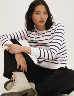 

Womens M&S Collection Superweicher Pullover mit Rundhalsausschnitt, Schriftzug und Streifen - Bright Pink Mix, Bright Pink Mix