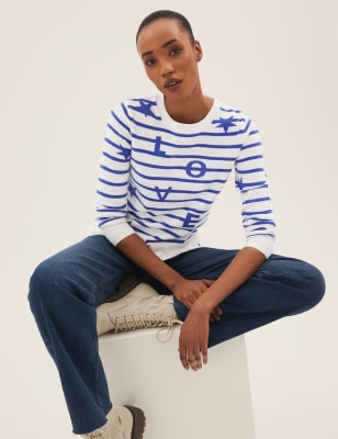 

Womens M&S Collection Supersoft Striped Slogan Crew Neck Jumper - Blue Mix, Blue Mix