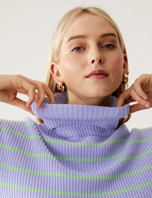 

Womens M&S Collection Bequemer Pullover aus weichem Material mit Rollkragen und Streifenmuster - Medium Blue Mix, Medium Blue Mix