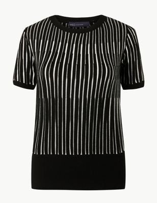 Striped Round Neck Short Sleeve Knitted Top | M&S Collection | M&S