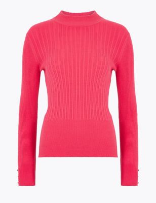 Soft Touch Ribbed Funnel Neck Fitted Jumper 