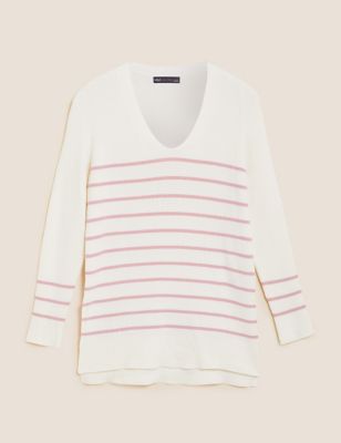 M&S Womens Soft Touch Striped V-Neck Relaxed Jumper