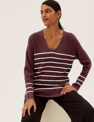 

Womens M&S Collection Soft Touch Ribbed Striped V-Neck Jumper - Dark Burgundy, Dark Burgundy