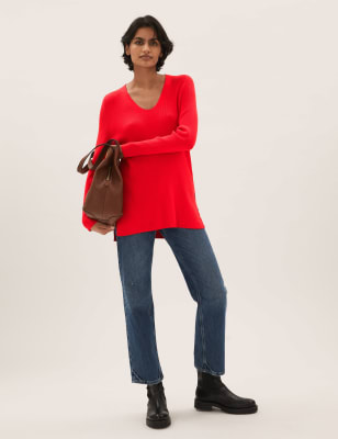 

M&S Collection Jersey informal de tacto suave con escote de pico acanaladoWomens - Chilli, Chilli