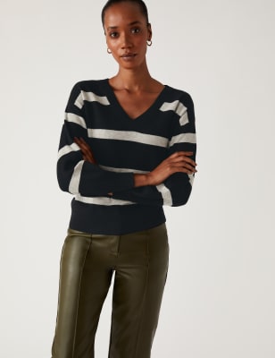 

Womens M&S Collection Gerippter Pullover aus weichem Material mit V-Ausschnitt und Streifenmuster - Black Mix, Black Mix