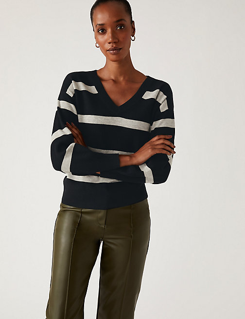 Marks And Spencer Womens M&S Collection Soft Touch Striped Ribbed V-Neck Jumper - Black Mix, Black Mix