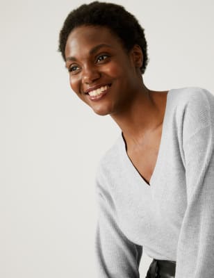 

Womens M&S Collection Gerippter Pullover aus weichem Material mit V-Ausschnitt - Grey Marl, Grey Marl