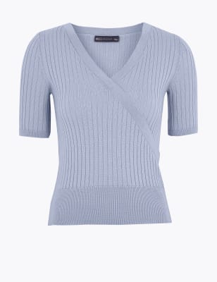 Knitted V-Neck Mock Wrap Top