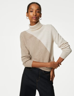 

Womens Autograph Pure Cashmere Colour Block Roll Neck Jumper - Oatmeal Mix, Oatmeal Mix