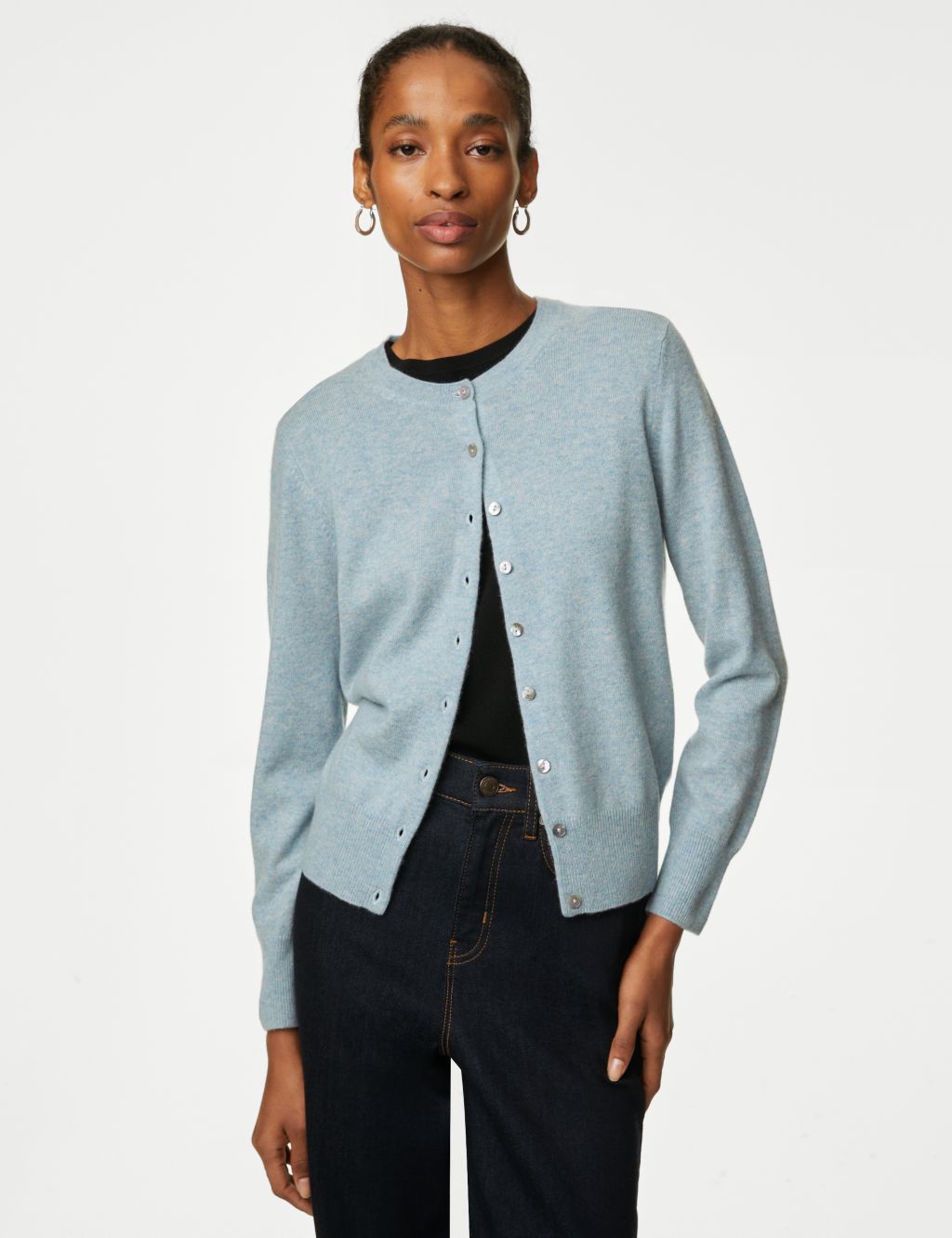 Vintage-Style Cropped Crew Neck Knit Cardigan in Light Blue S