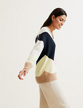 Pullover aus reinem Kaschmir im Blockfarben-Design mit V-Ausschnitt