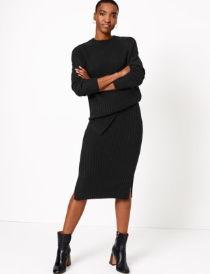 Gebreide midi-rok van zuiver kasjmier met ribbels