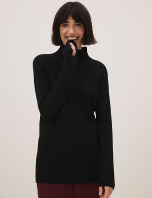 

Womens Autograph Pure Cashmere Ribbed Funnel Neck Jumper - Black, Black