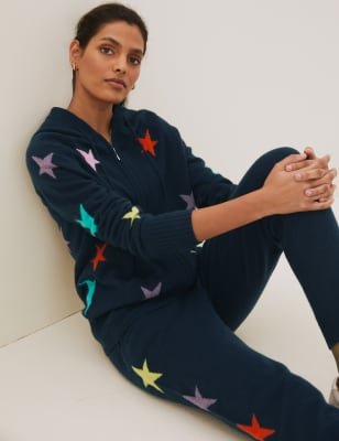 

Autograph Sudadera con capucha con cremallera 100% cashmere con estampado de estrellasWomens - Navy Mix, Navy Mix