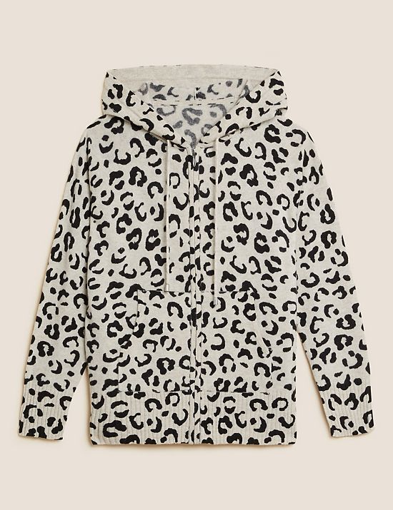 Pure Cashmere Animal Print Relaxed Hoodie