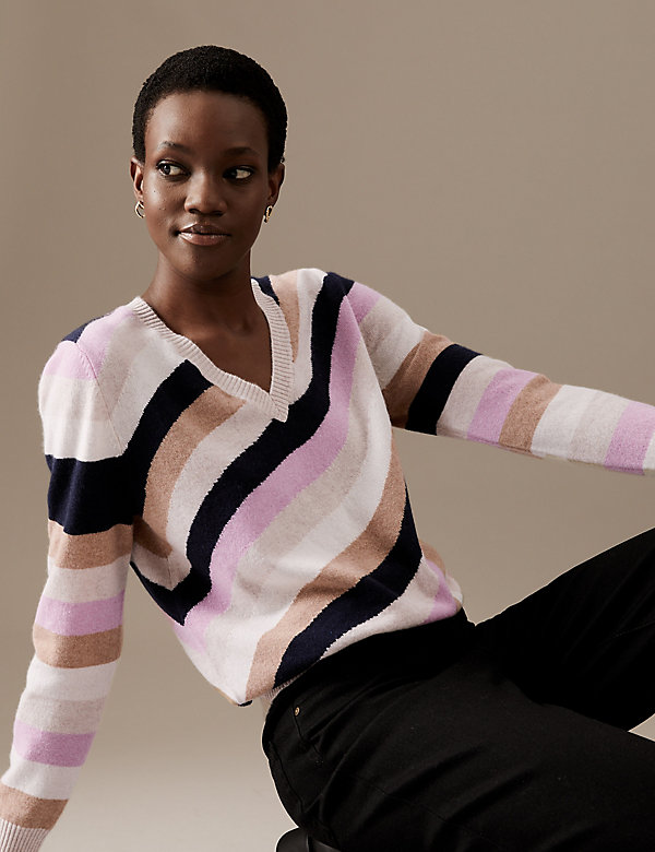 Pure Cashmere Striped V-Neck Relaxed Jumper - FR