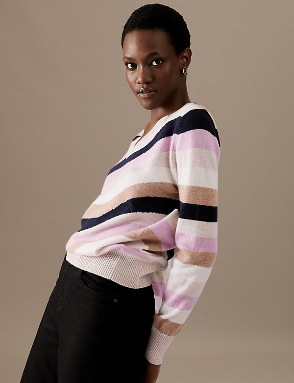 Pure Cashmere Striped V-Neck Relaxed Jumper - FR
