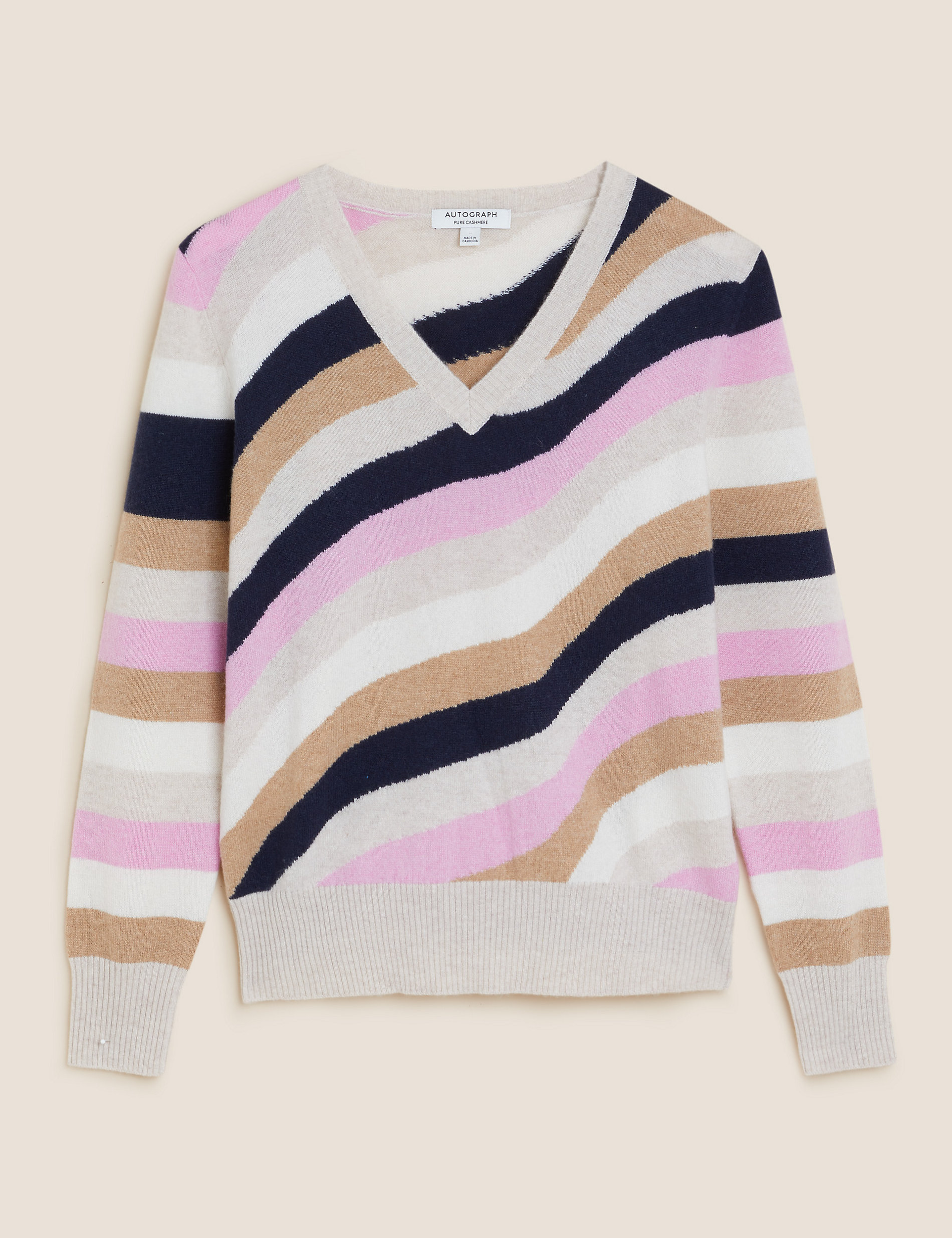 Pure Cashmere Striped V-Neck Relaxed Jumper