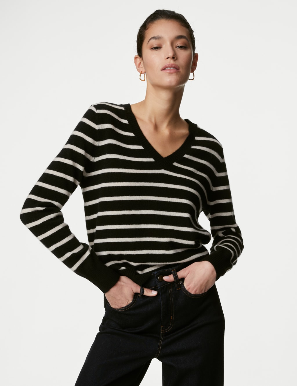 Pure Cashmere Striped V-Neck Jumper image 1