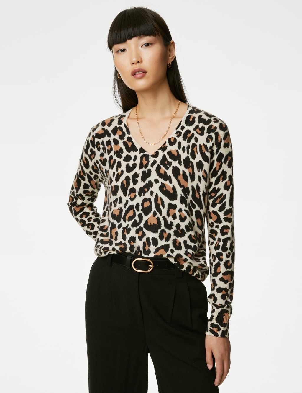 Pure Cashmere Animal Print V-Neck Jumper