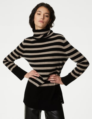 

Womens Autograph Pure Cashmere Striped Roll Neck Jumper - Black Mix, Black Mix