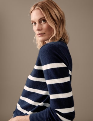 

Womens Autograph Pure Cashmere Striped Funnel Neck Jumper - Navy Mix, Navy Mix