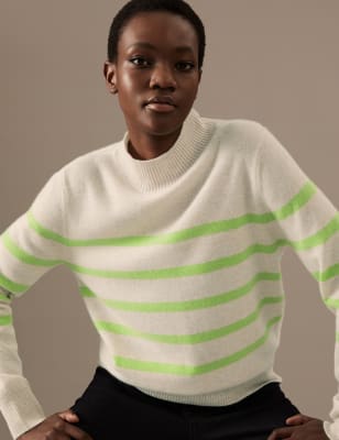 

Womens Autograph Pure Cashmere Striped Funnel Neck Jumper - Green Mix, Green Mix