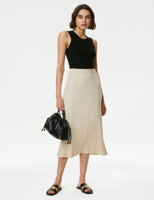 M&S Womens Textured Knitted Midi Skirt - XS - Beige, Beige,Black